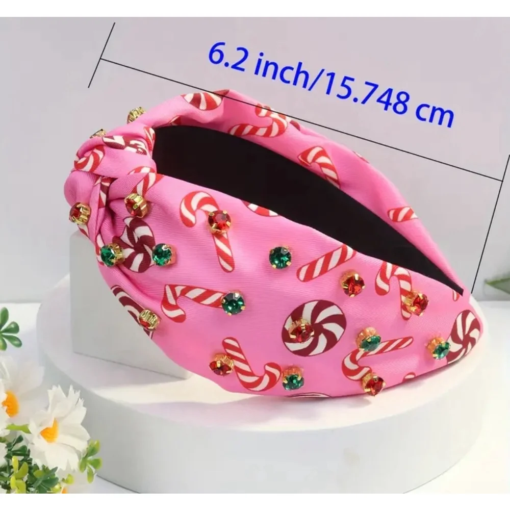 Pink Candy Cane and Peppermint Rhinestone Top Knot Headband